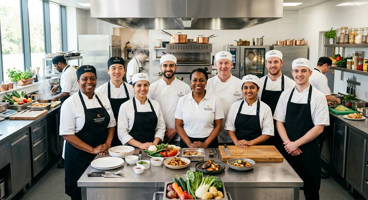 A diverse group of professional chefs and catering staff collaborating in a modern, bright kitchen, looking confidently at the camera. Style: Professional, high-resolution, vibrant. Mood: Collaborative, skilled, and successful.