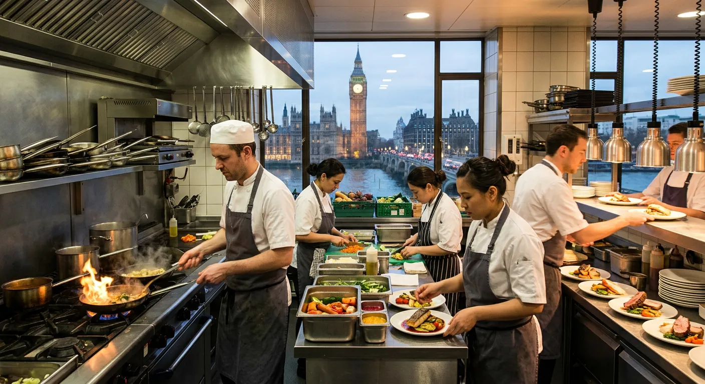 A professional kitchen in city showing chefs in action preparing food in a busy, well-lit commercial kitchen, with local landmarks visible through the window.