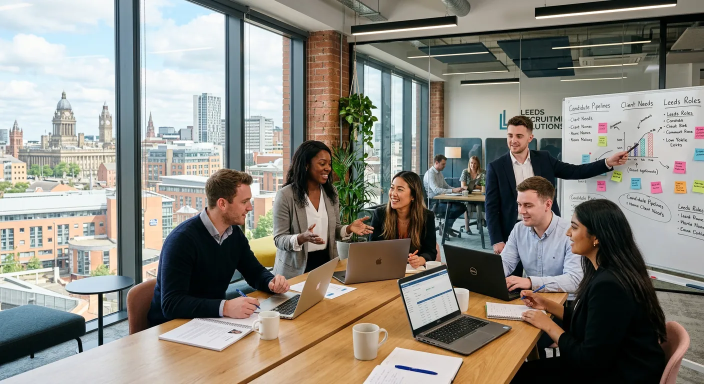 A professional, dynamic hero image showing a diverse team of recruitment consultants in a modern Leeds office, collaborating over laptops and whiteboards, with Leeds city skyline visible through the window. Style: professional, bright, energetic.