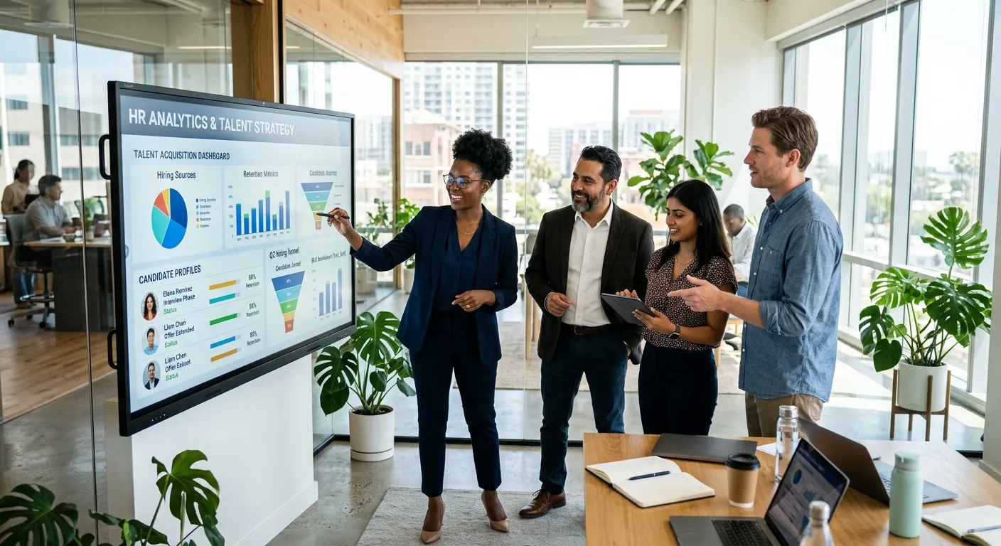 A diverse group of modern HR professionals collaborating in a bright, sunlit office. They are gathered around a large digital screen displaying analytics dashboards and candidate profiles, symbolizing data-driven talent strategy. Style: Professional, vibrant, and forward-thinking.