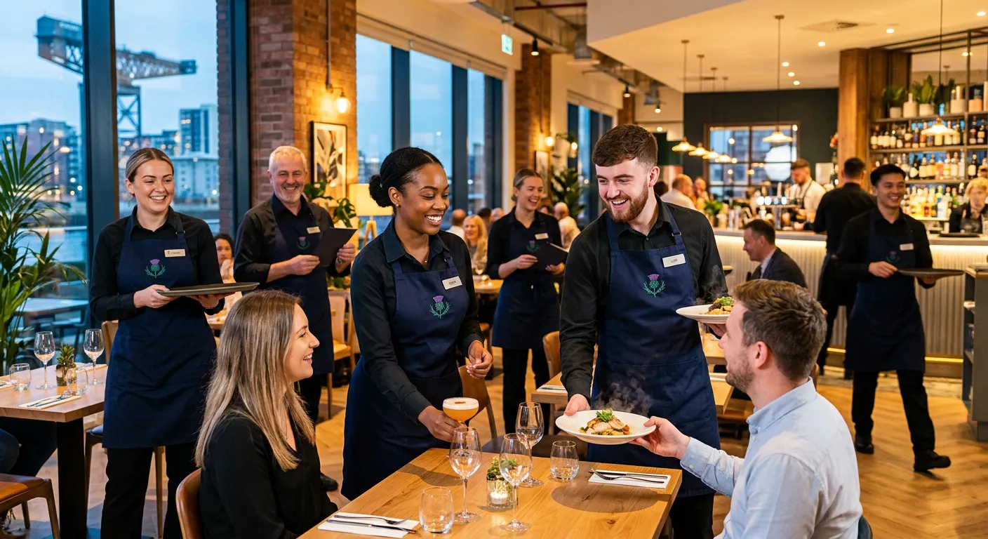 Professional, vibrant image of smiling waiting staff in a modern Glasgow restaurant or hotel setting, serving customers. Show diverse team in crisp uniforms, bright lighting, conveying efficient and friendly hospitality atmosphere.