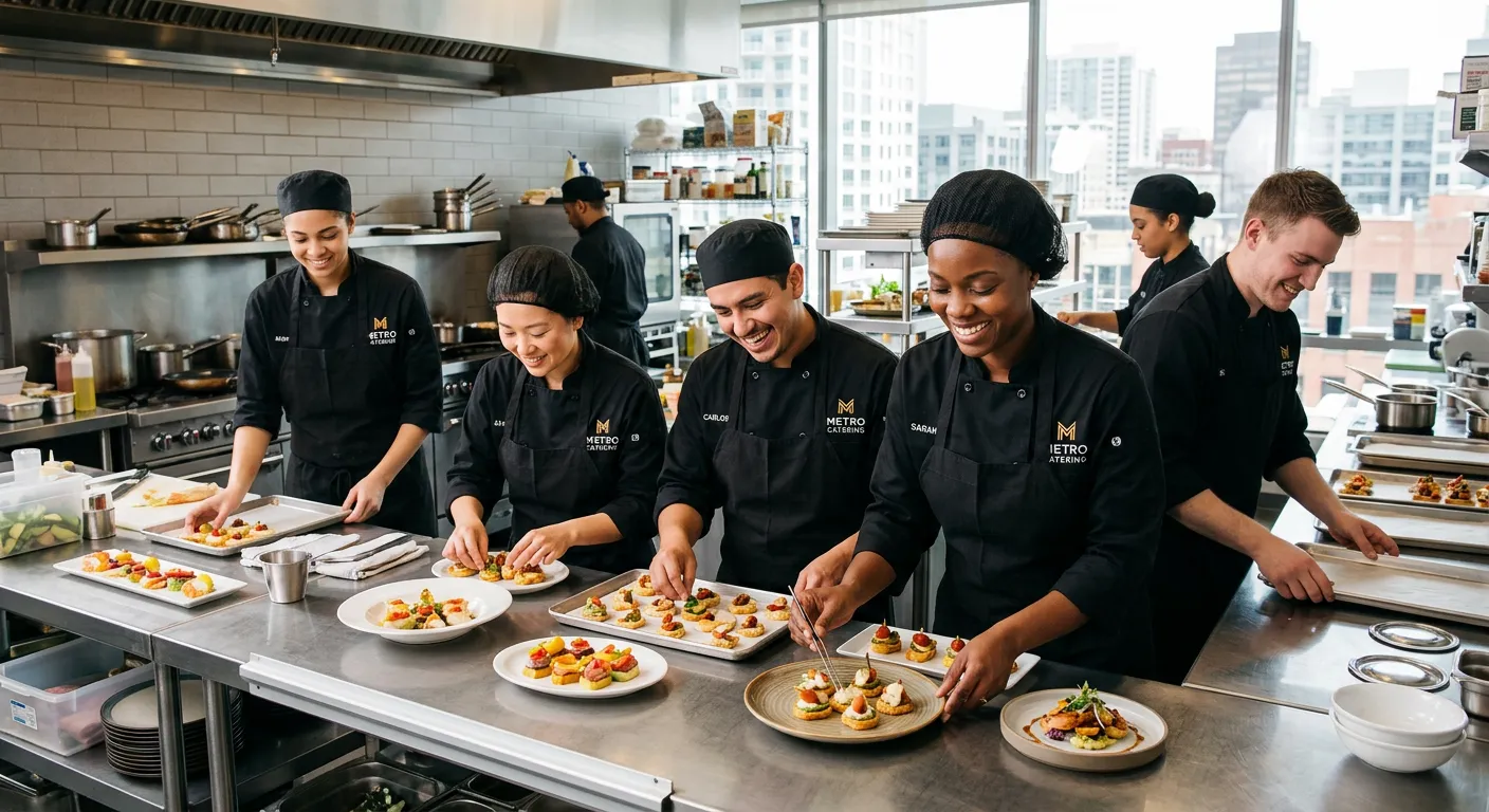 A professional, diverse team of catering staff in a bright, modern kitchen in city, smiling and collaborating, conveying a sense of urgency and reliability.