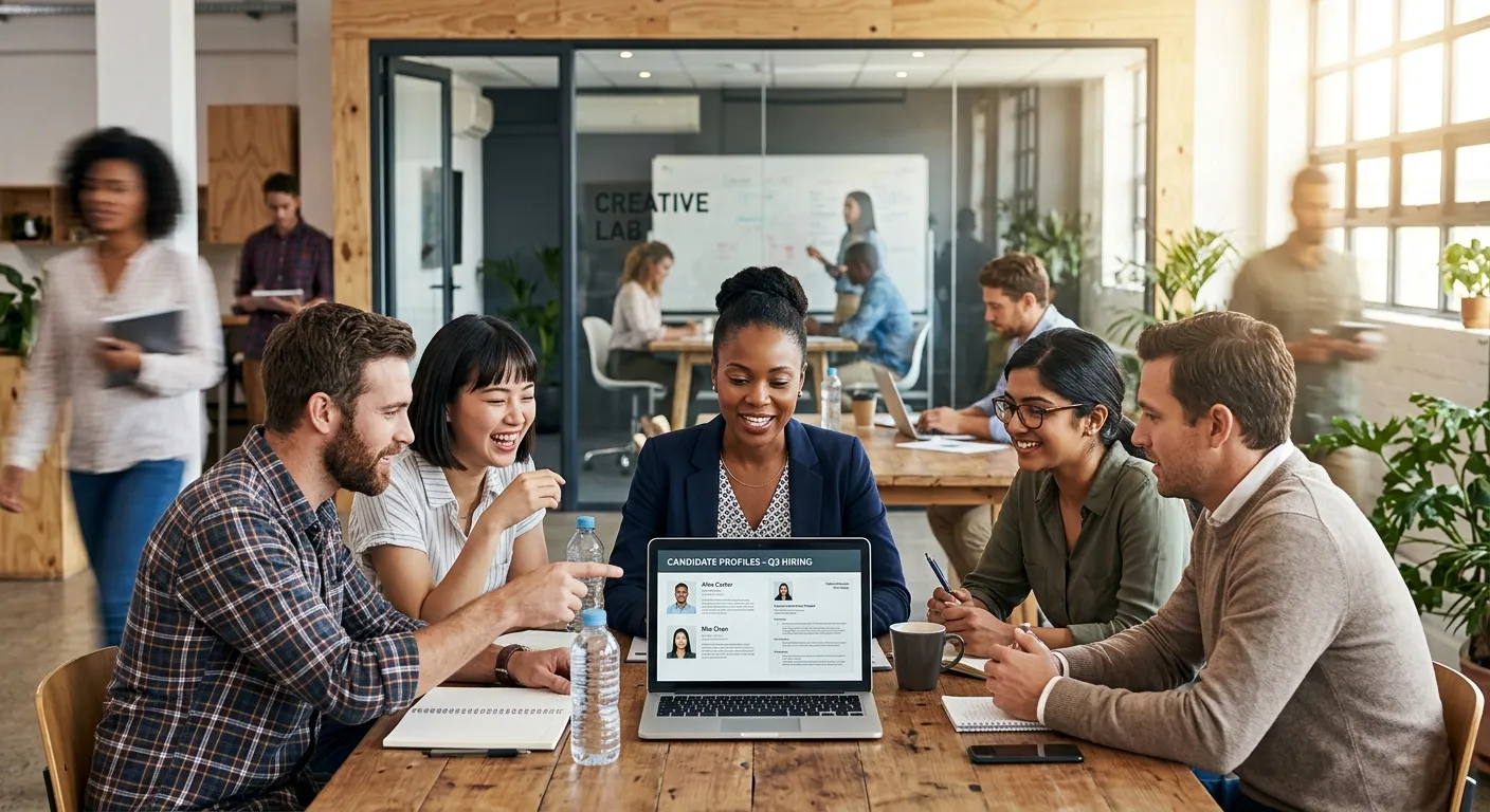 A modern, dynamic office environment with a diverse team collaborating around a laptop, with a focus on a hiring manager reviewing candidate profiles. Style: professional stock photo with warm, aspirational lighting.