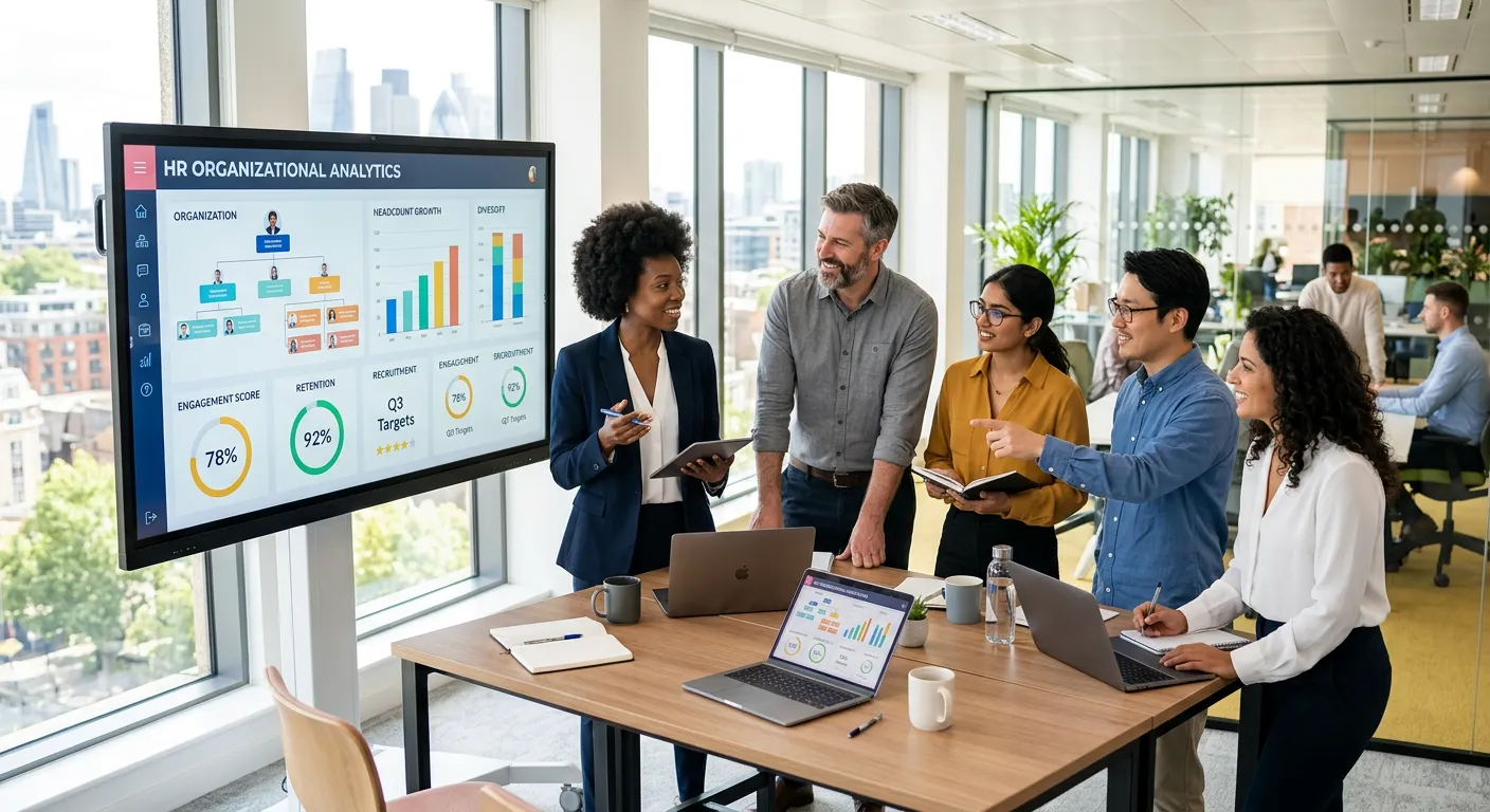 A diverse group of modern HR professionals and managers collaborating in a bright, sunlit office. They are gathered around a large digital screen displaying analytics and organizational charts. Style: professional, bright, optimistic, high-resolution stock photo.