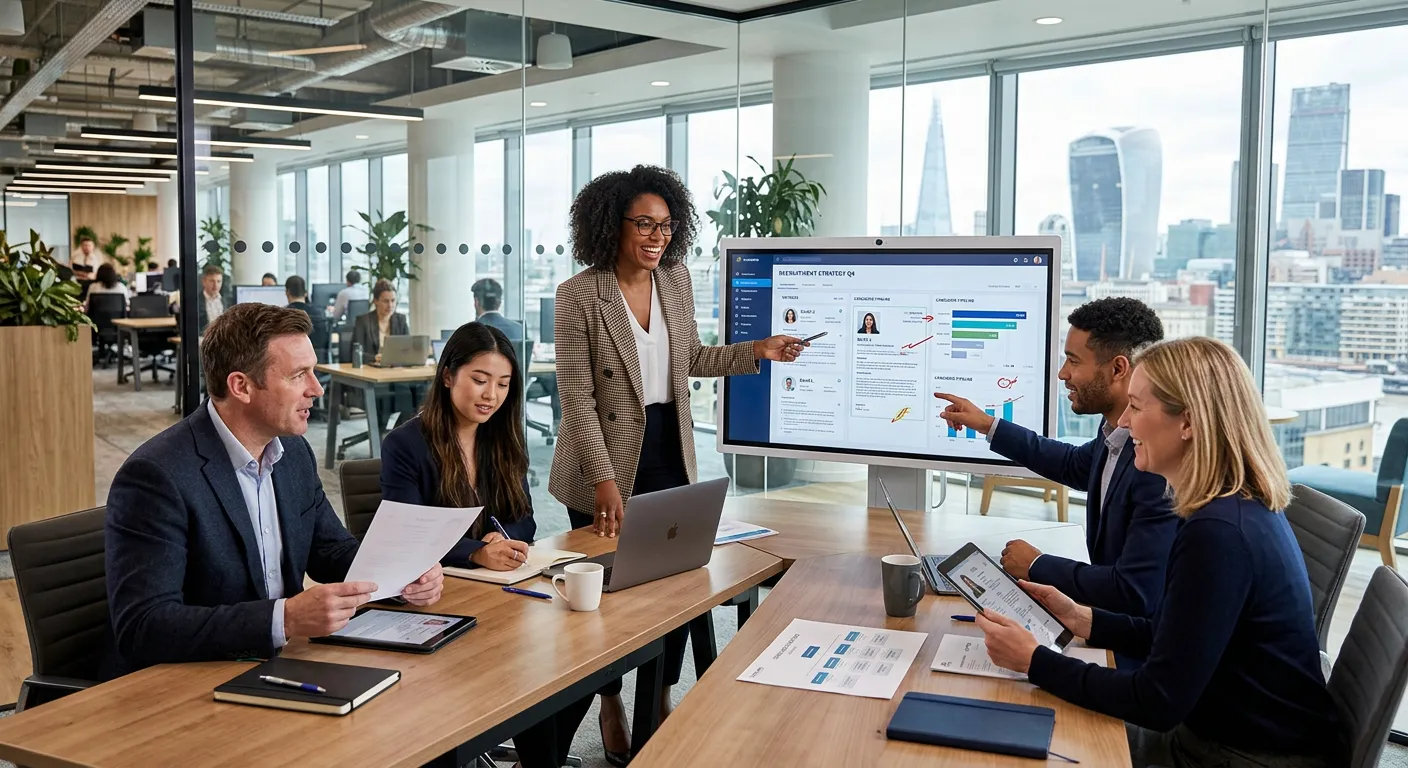 A professional, dynamic shot of a diverse group of recruitment consultants and HR professionals in a modern London office, discussing candidate profiles and strategy, conveying energy and expertise.