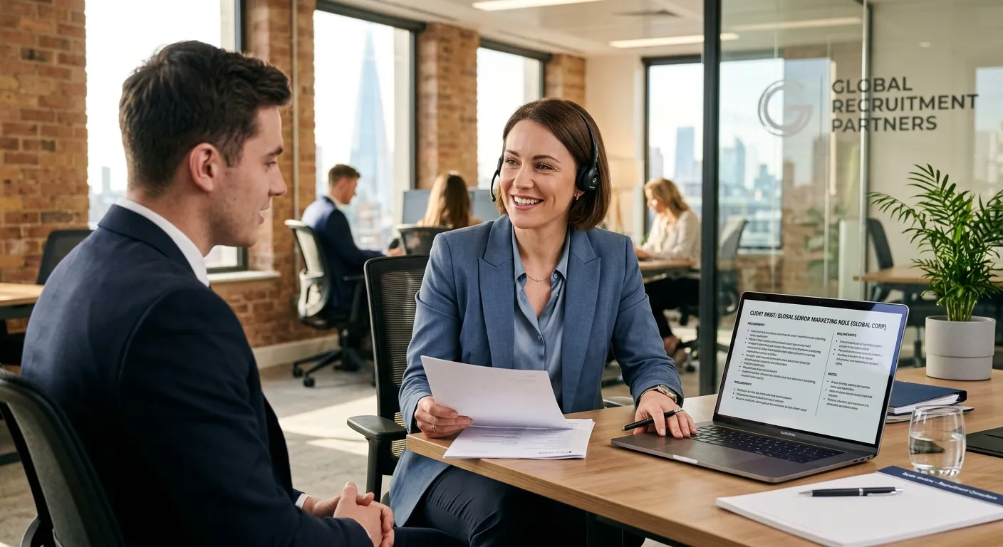A professional, confident recruitment consultant in a modern office, speaking with a candidate on one side and reviewing a client brief on a laptop on the other. The style should be bright, aspirational, and convey expertise. The mood is professional, efficient, and solution-oriented.