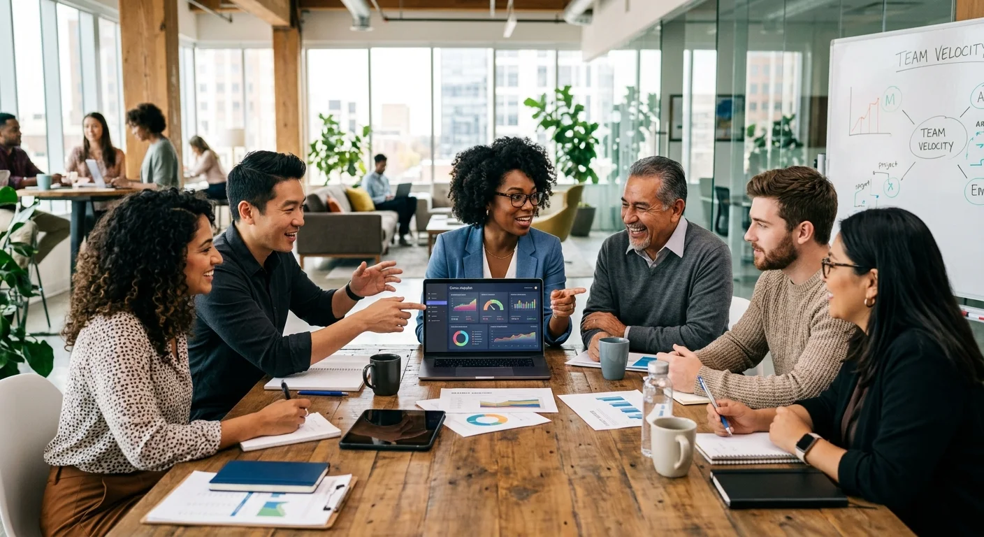 A dynamic, modern office environment with a diverse team collaborating around a table, looking at data on a laptop screen. Style is professional, bright, and aspirational, with a focus on human connection and technology.