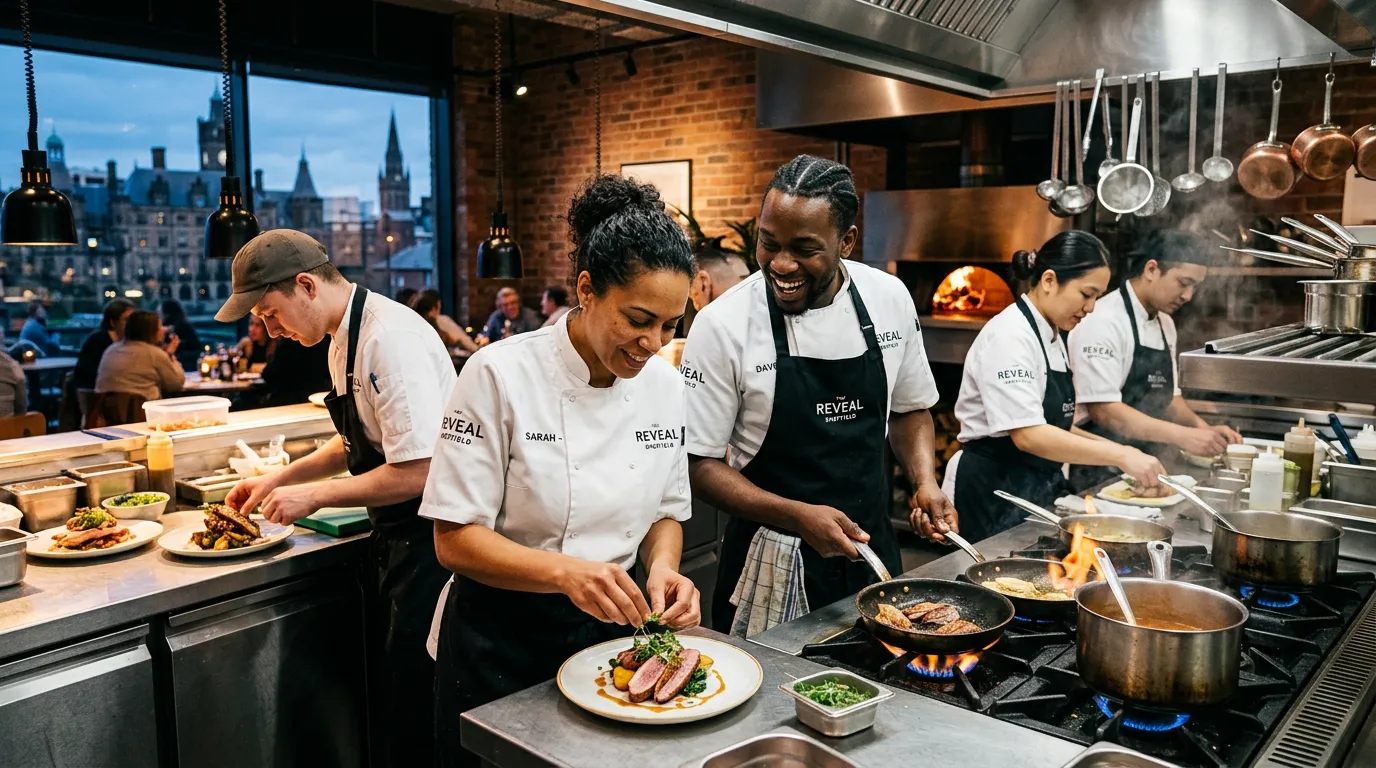 Professional hero image showing a diverse team of chefs working collaboratively in a modern Sheffield restaurant kitchen. The atmosphere is energetic, focused, and professional. Style: High-quality, vibrant, authentic workplace photography.