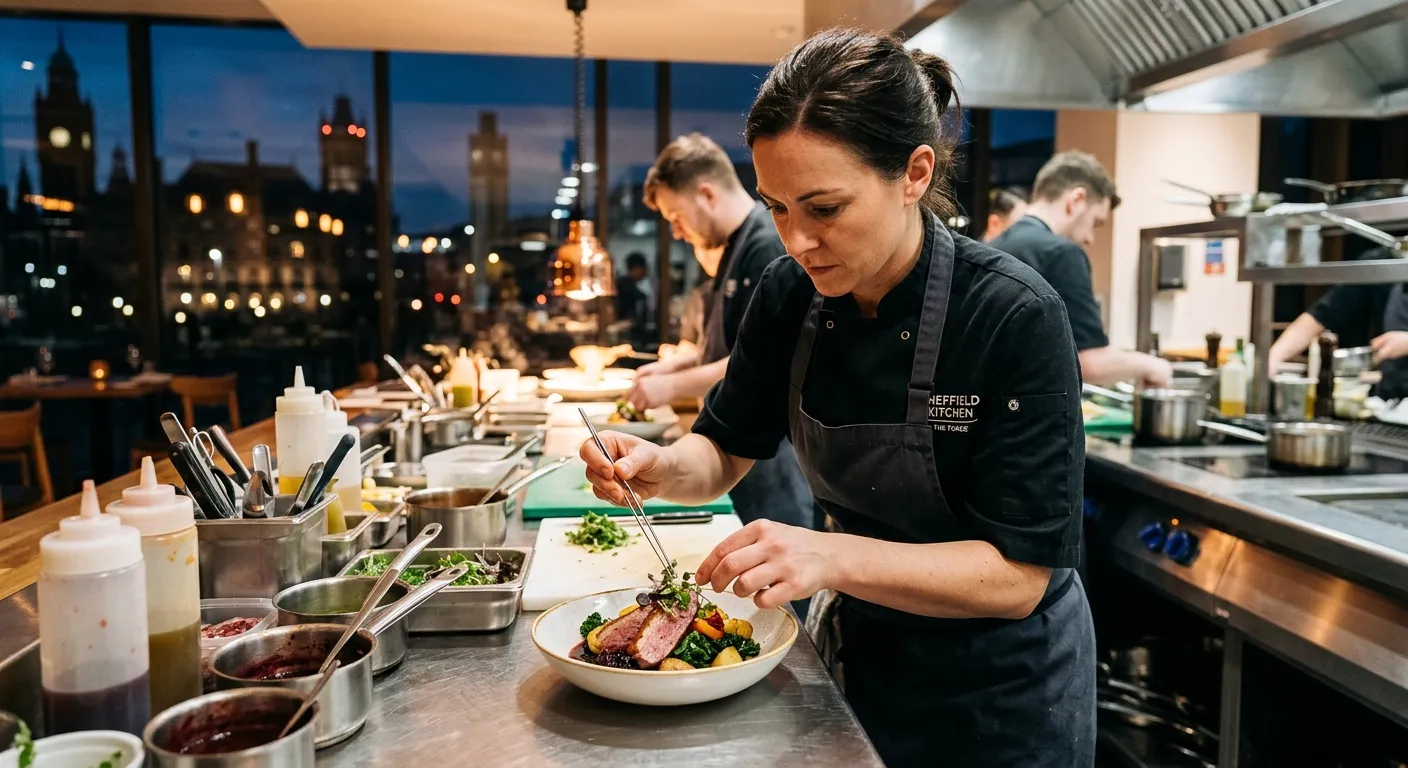 A professional, dynamic hero image showing a Chef in a modern Sheffield kitchen, plating a dish. The mood is energetic, professional, and focused, with warm lighting highlighting local Sheffield landmarks in the background.
