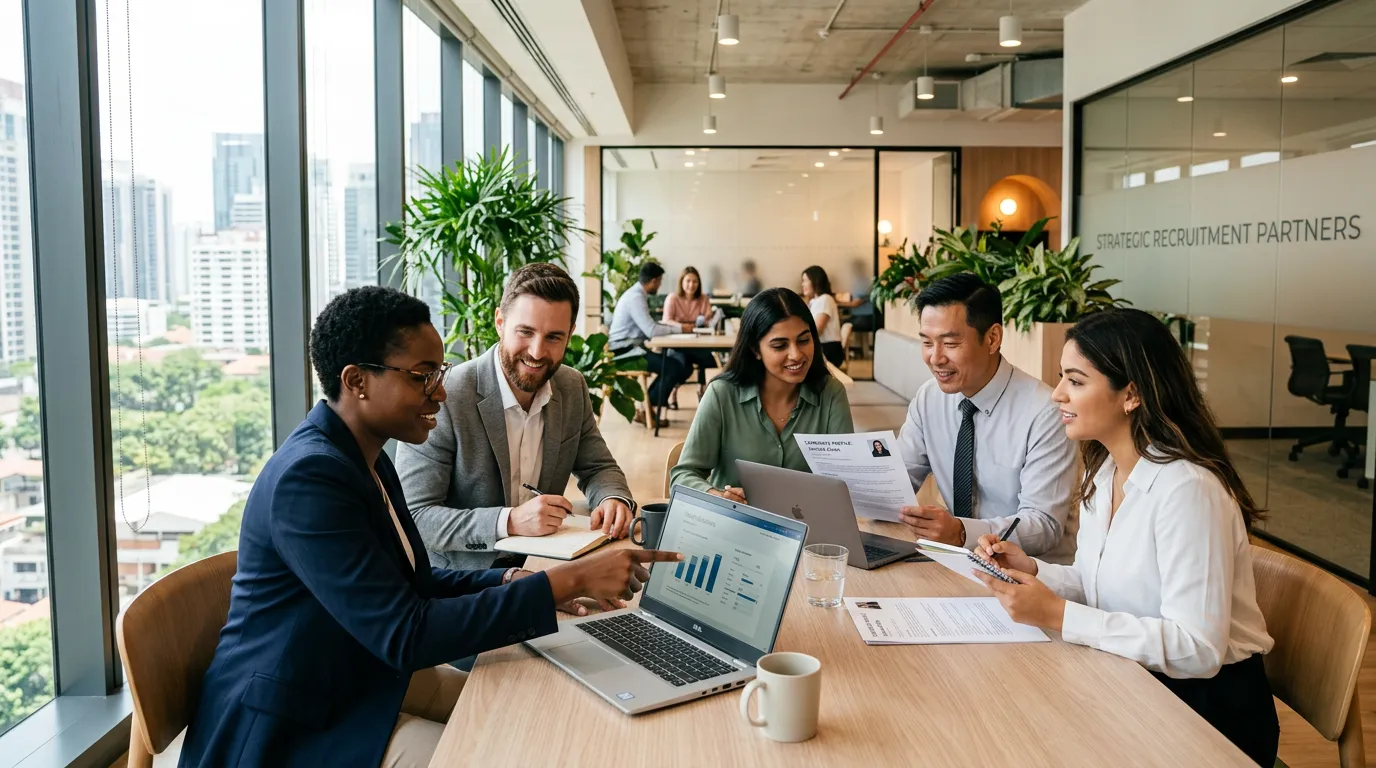Professional hero image showing a diverse team of recruitment consultants in a modern office setting, collaborating over laptops and documents. Bright, airy office with plants and natural light, conveying a professional, trustworthy, and dynamic atmosphere.