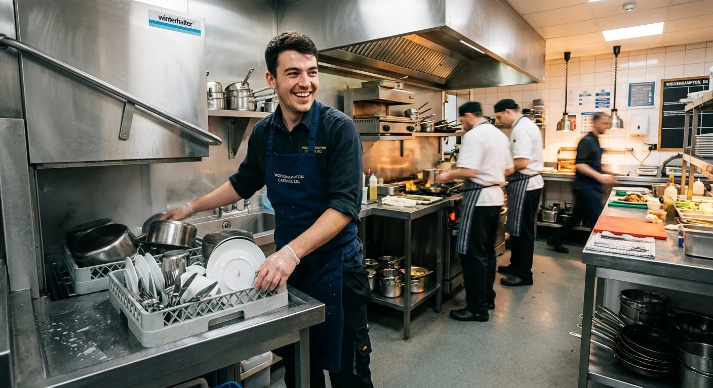 A professional, energetic photo of a kitchen porter in a busy, clean commercial kitchen in Wolverhampton, smiling and working efficiently. The mood is dynamic and professional.