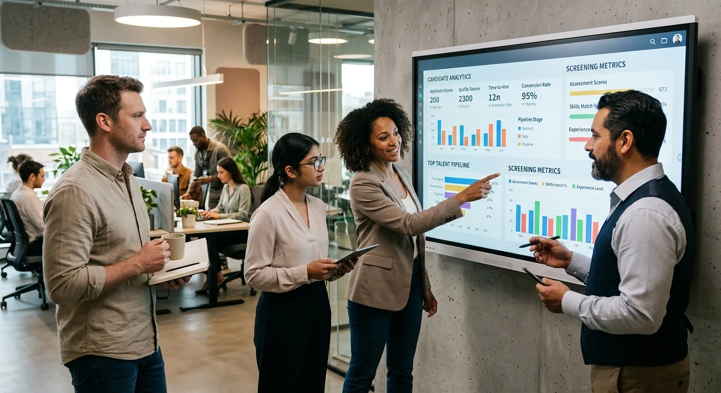 A diverse group of modern HR professionals and hiring managers collaborating in a bright, tech-forward office. One is pointing to a large digital dashboard displaying candidate analytics and screening metrics. The mood is innovative, efficient, and data-driven.