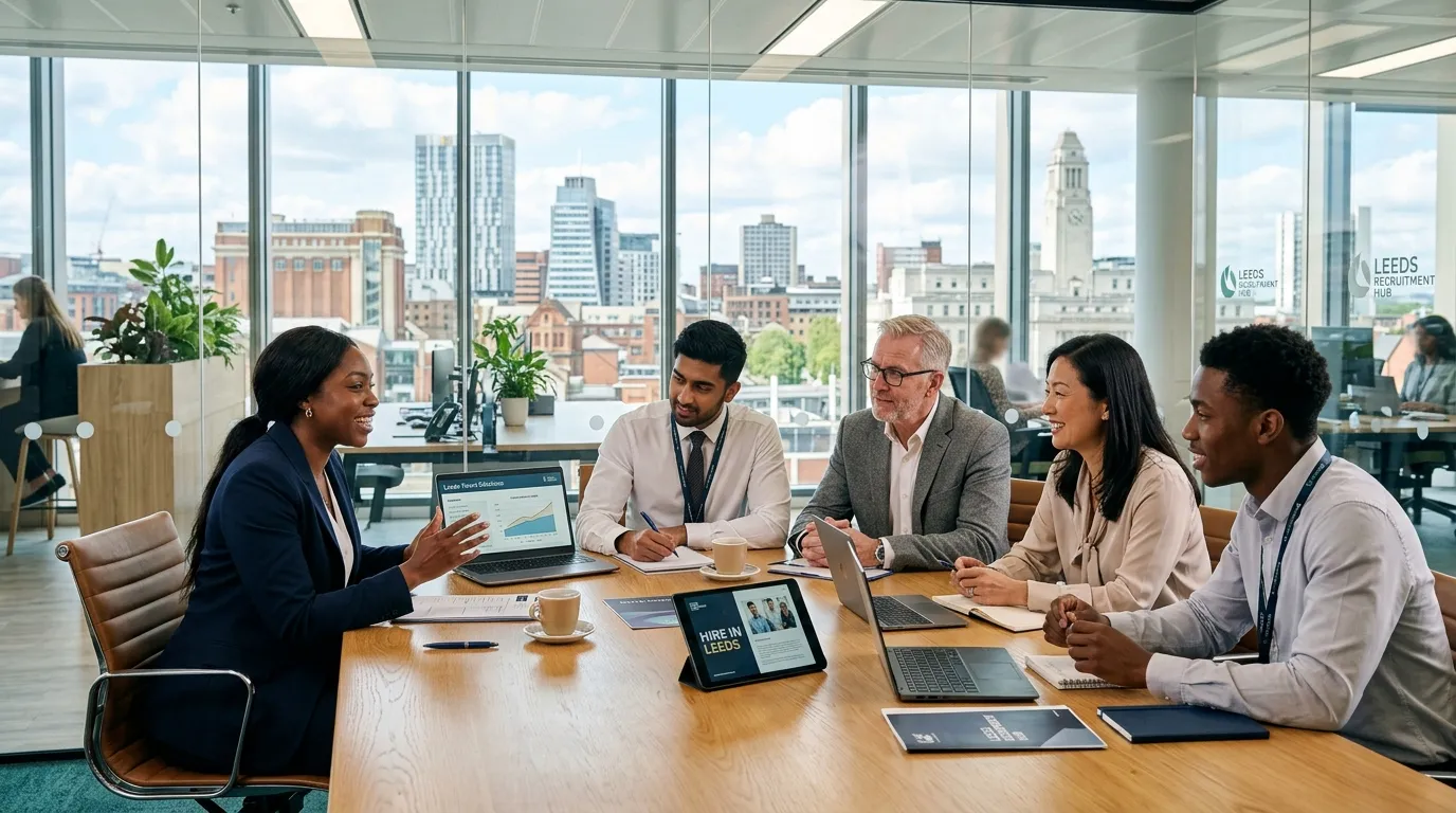 A professional, dynamic hero image showing a diverse team of recruitment consultants and HR professionals collaborating in a modern Leeds office, with a cityscape view of Leeds in the background. Style: professional, energetic, and trustworthy.