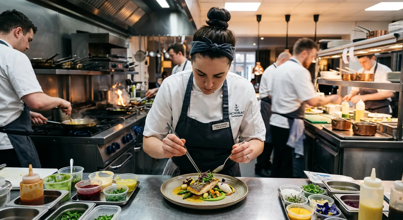 A dynamic, professional kitchen scene in a high-end Southampton restaurant. A focused Chef de Partie is meticulously plating a dish, with other chefs in the background. The mood is energetic, precise, and professional.
