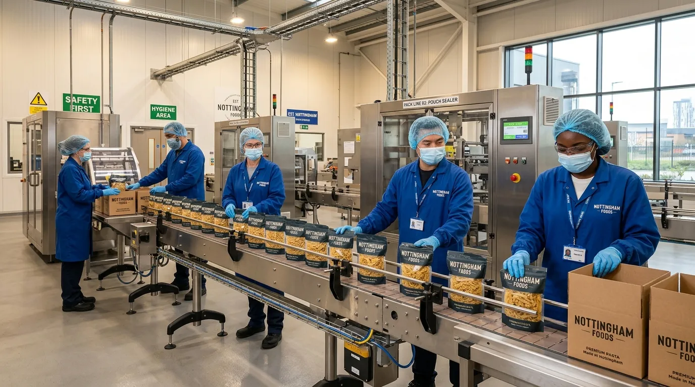 Hero image showing a modern, clean food production line in Nottingham, with a diverse team of operatives in hygienic workwear handling packaged goods, conveying a professional and efficient atmosphere.