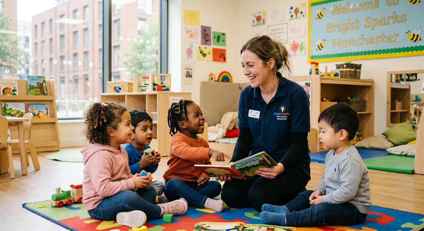 A professional, warm, and engaging photo of a Nursery Nurse in a bright, modern nursery setting in Manchester, interacting happily with a small group of diverse children. Style: Authentic, professional, and inviting. Mood: Caring, professional, and trustworthy.