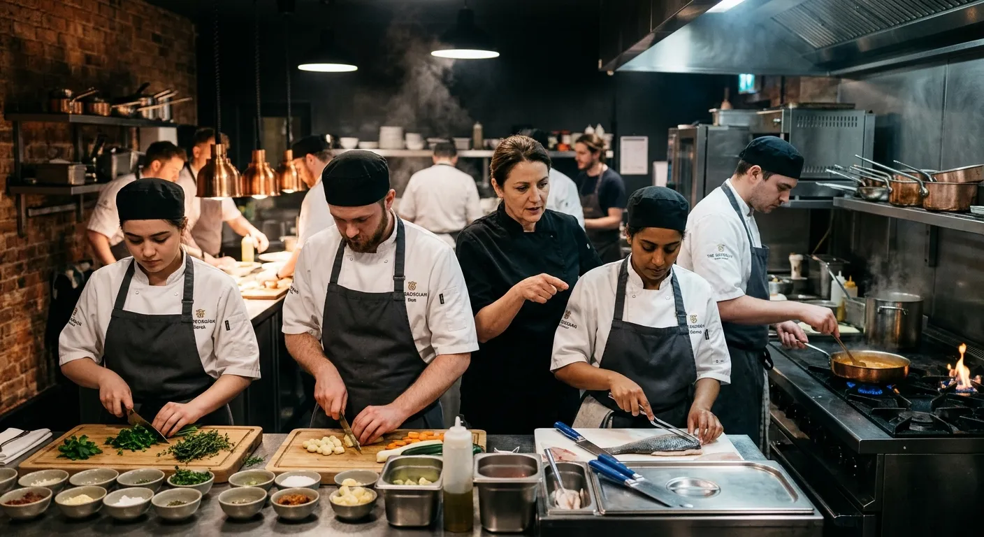 A dynamic, professional kitchen scene in a high-end Nottingham restaurant, featuring a diverse team of commis chefs in crisp whites, preparing fresh ingredients under the guidance of a sous chef. Moody lighting highlights focus and skill.