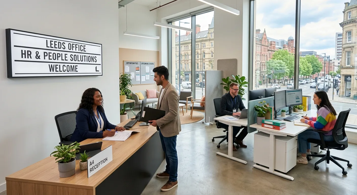 Professional, welcoming image of a modern office reception or HR department in Leeds, with a diverse team working collaboratively. The style should be bright, airy, and professional, conveying a sense of organisation and opportunity.