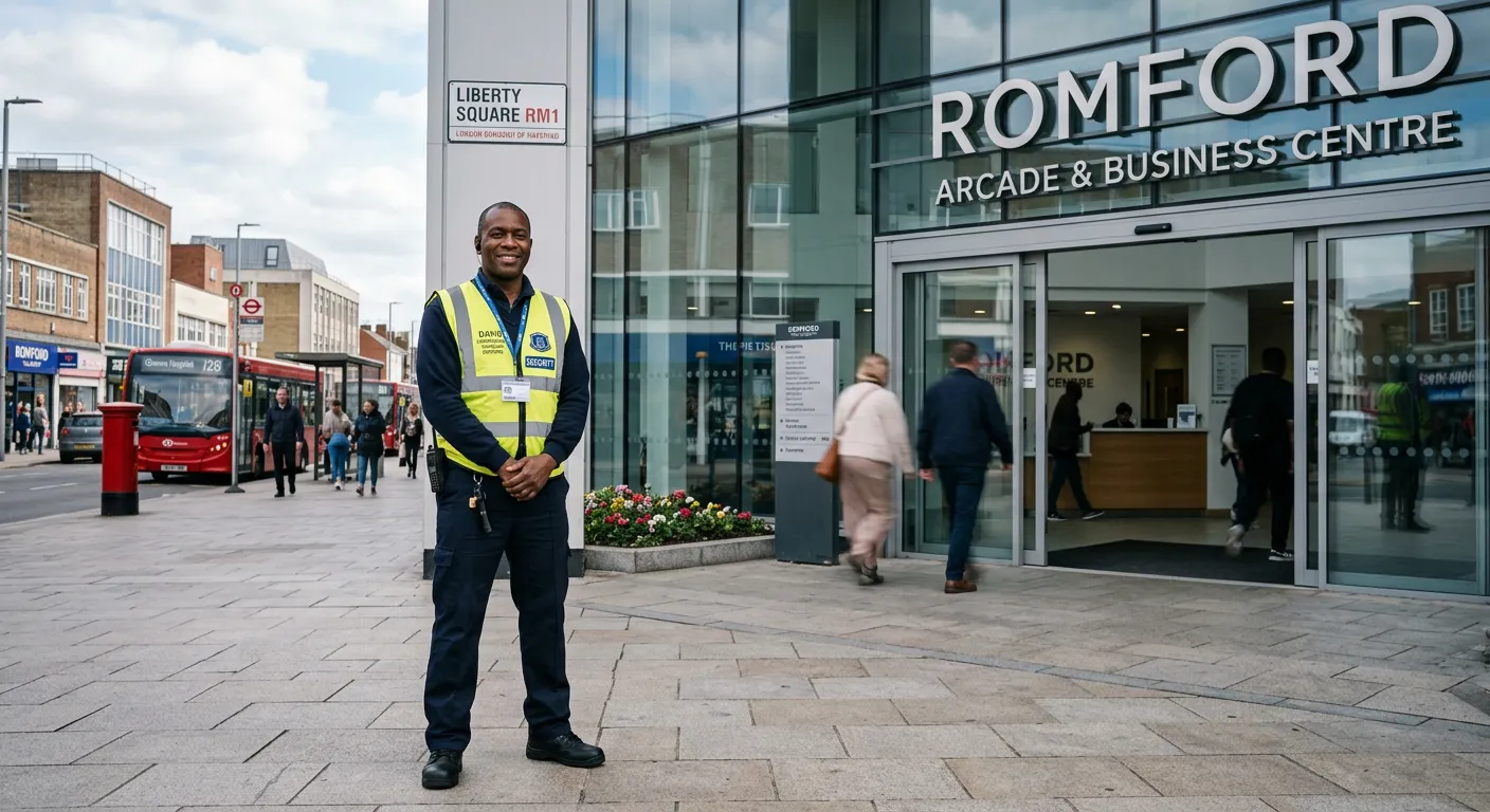 A professional, confident security guard in a hi-vis vest standing at the entrance of a modern commercial building in Romford, looking alert and approachable. The image should convey safety, professionalism, and local context.