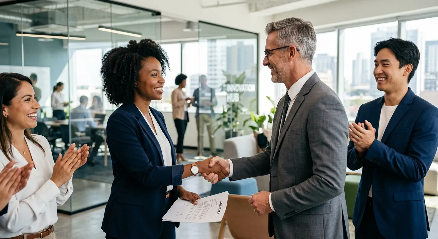 A professional, high-contrast photo of a diverse team of professionals in a modern office, shaking hands and smiling. The mood is confident, successful, and collaborative, with a focus on the handshake as a symbol of a successful permanent placement.