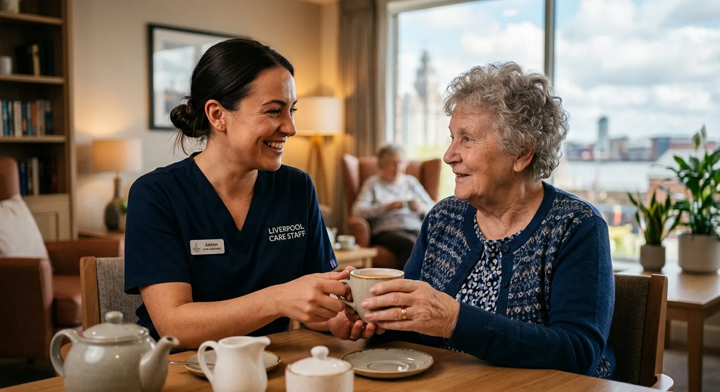 A professional, warm, and empathetic photograph of a Care Assistant in a modern residential care setting in Liverpool, smiling while assisting a resident with a cup of tea. The mood is compassionate, professional, and trustworthy.