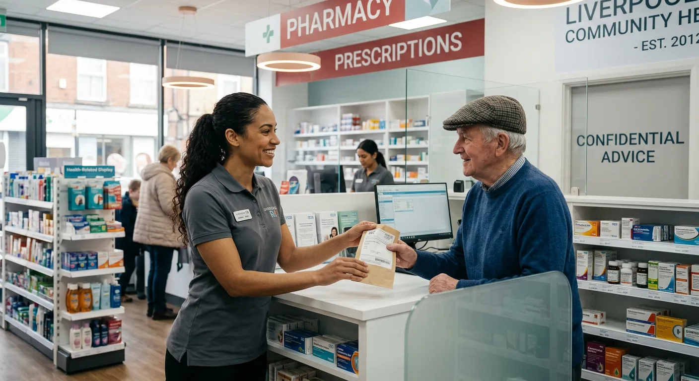 A professional, friendly Pharmacy Assistant in a modern, well-lit pharmacy in Liverpool, smiling while assisting a customer at the counter. The image should convey trust, competence, and a healthcare setting.