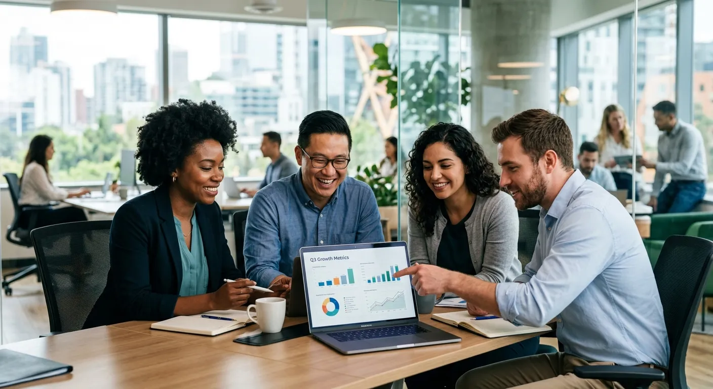 A diverse group of professional, happy full-time employees collaborating in a modern, sunlit office environment, looking at a laptop screen together, style is professional corporate photography, mood is positive and productive
