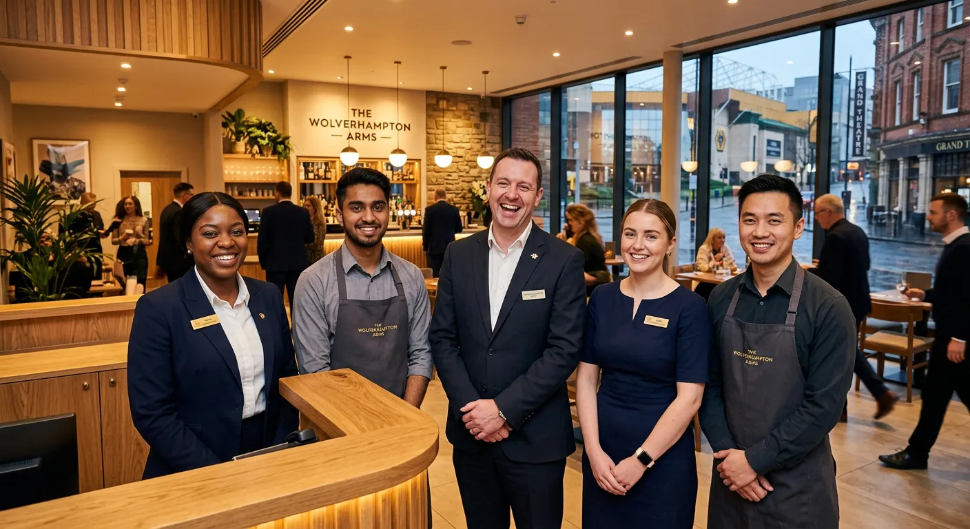 A dynamic, professional hero image showing a diverse team of smiling hospitality staff in a modern W... A dynamic, professional hero image showing a diverse team of smiling hospitality staff in a modern Wolverhampton restaurant or hotel lobby. The style is warm, inviting, and high-quality, with a focus on professional attire and a bustling, positive atmosphere.