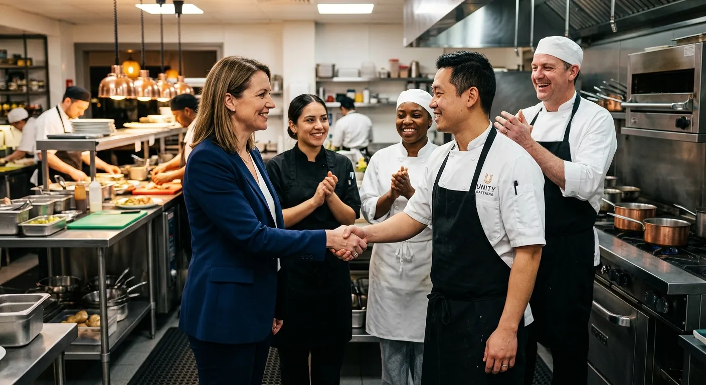 A professional, high-resolution photo of a diverse team of chefs and catering staff in a modern kitchen, shaking hands with a manager in a suit. The atmosphere is collaborative and successful, with warm lighting and a focus on the handshake moment.