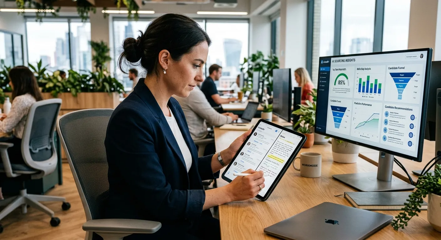 A modern recruiter reviewing candidate profiles on a digital tablet, with an AI analytics dashboard visible on a secondary screen, symbolizing the hybrid human-tech approach.