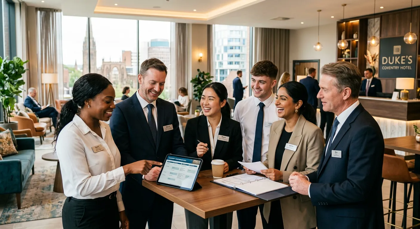 A dynamic, professional hero image showing a diverse team of hospitality professionals in a modern h... A dynamic, professional hero image showing a diverse team of hospitality professionals in a modern hotel lobby or event space in Coventry, smiling and collaborating. Bright, welcoming lighting, professional attire.