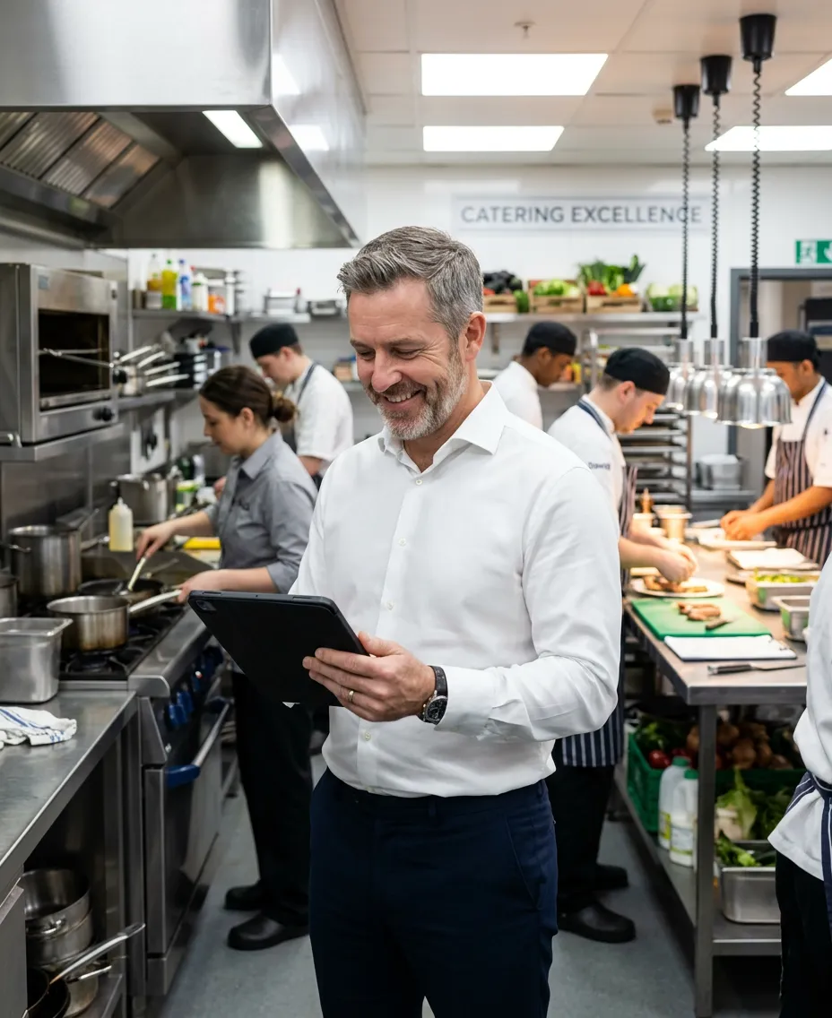 Professional headshot of a confident General Manager in a modern, busy catering kitchen, smiling and looking at a tablet, wearing a crisp white shirt and dark trousers. Background shows a well-organised stainless steel kitchen with staff working efficiently. Style: Bright, clean, and professional. Mood: Competent, trustworthy, and dynamic.