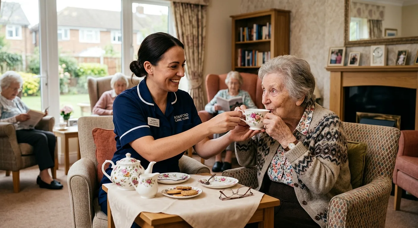 A compassionate Care Assistant in a Romford care home setting, smiling warmly while assisting a resi... A compassionate Care Assistant in a Romford care home setting, smiling warmly while assisting a resident with a cup of tea in a bright, homely lounge. The image conveys professionalism, warmth, and trust.