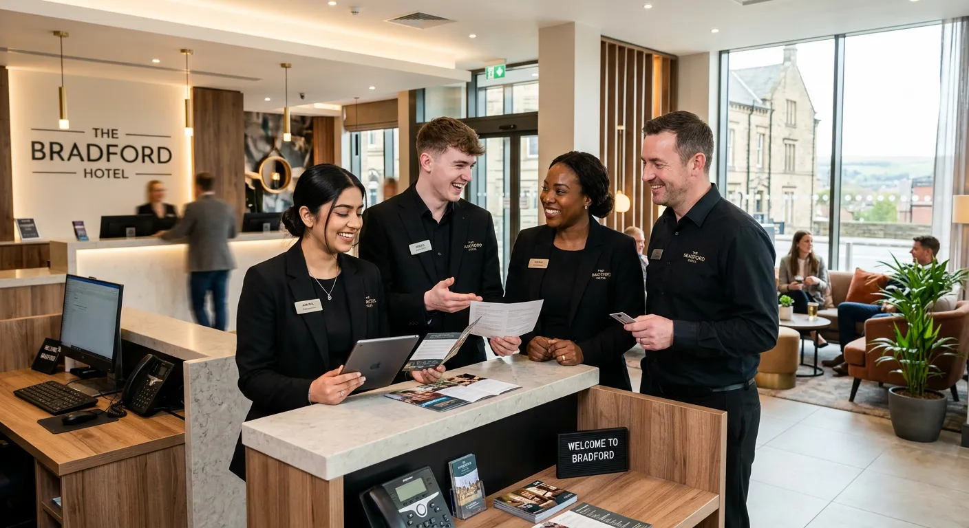 A vibrant, professional photo of a diverse team of hospitality staff in Bradford, smiling and interacting in a modern hotel lobby or restaurant. The image should convey energy, teamwork, and a welcoming atmosphere. Style: Professional, bright, and inviting.
