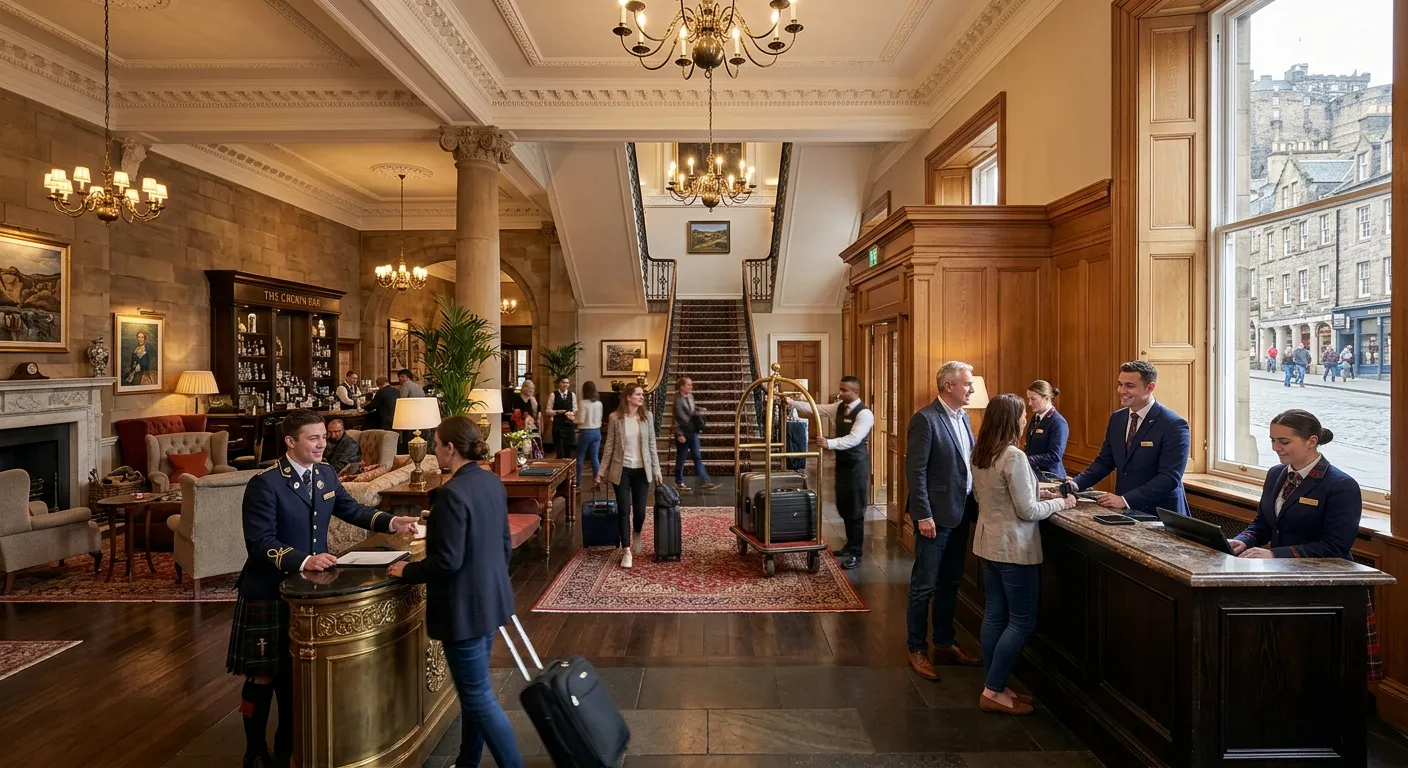 A dynamic, professional shot of a bustling, high-end hotel lobby in Edinburgh, with staff in crisp u... A dynamic, professional shot of a bustling, high-end hotel lobby in Edinburgh, with staff in crisp uniforms assisting guests. The mood is vibrant, efficient, and welcoming, showcasing the city's unique blend of historic charm and modern luxury.