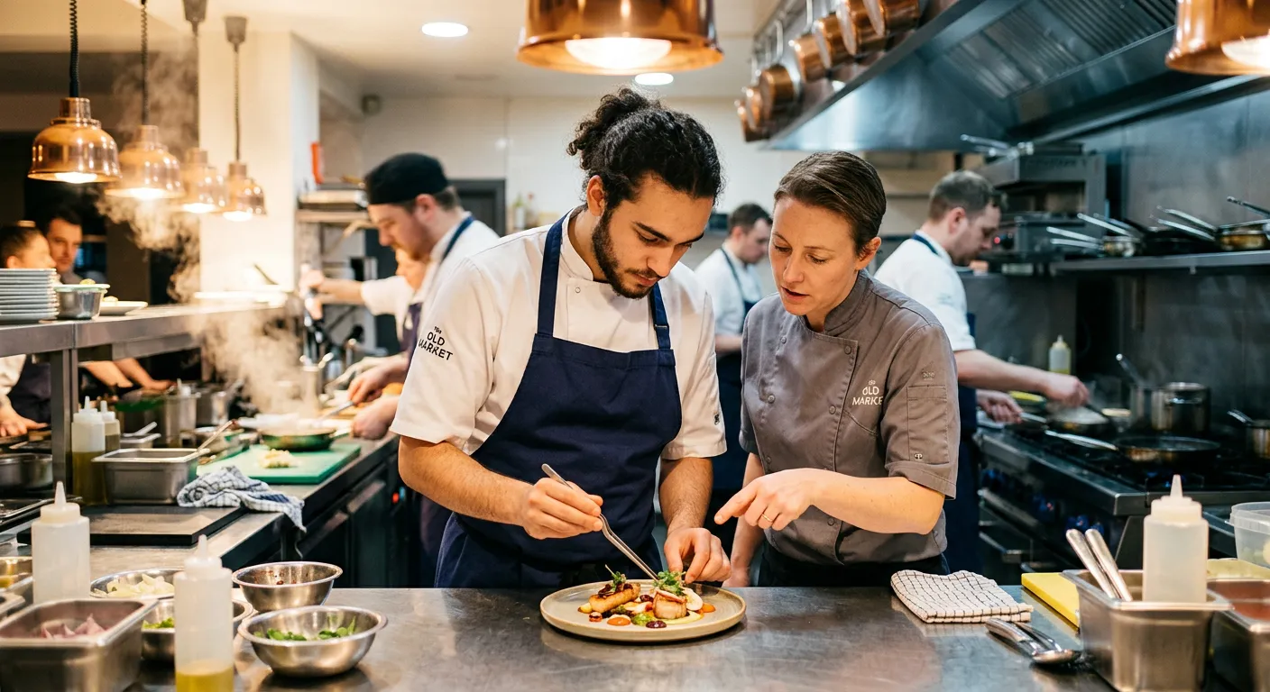 A dynamic, professional kitchen scene in a high-end Nottingham restaurant. A focused commis chef is carefully plating a dish under the guidance of a sous chef. The image should convey energy, skill, and a modern culinary environment.