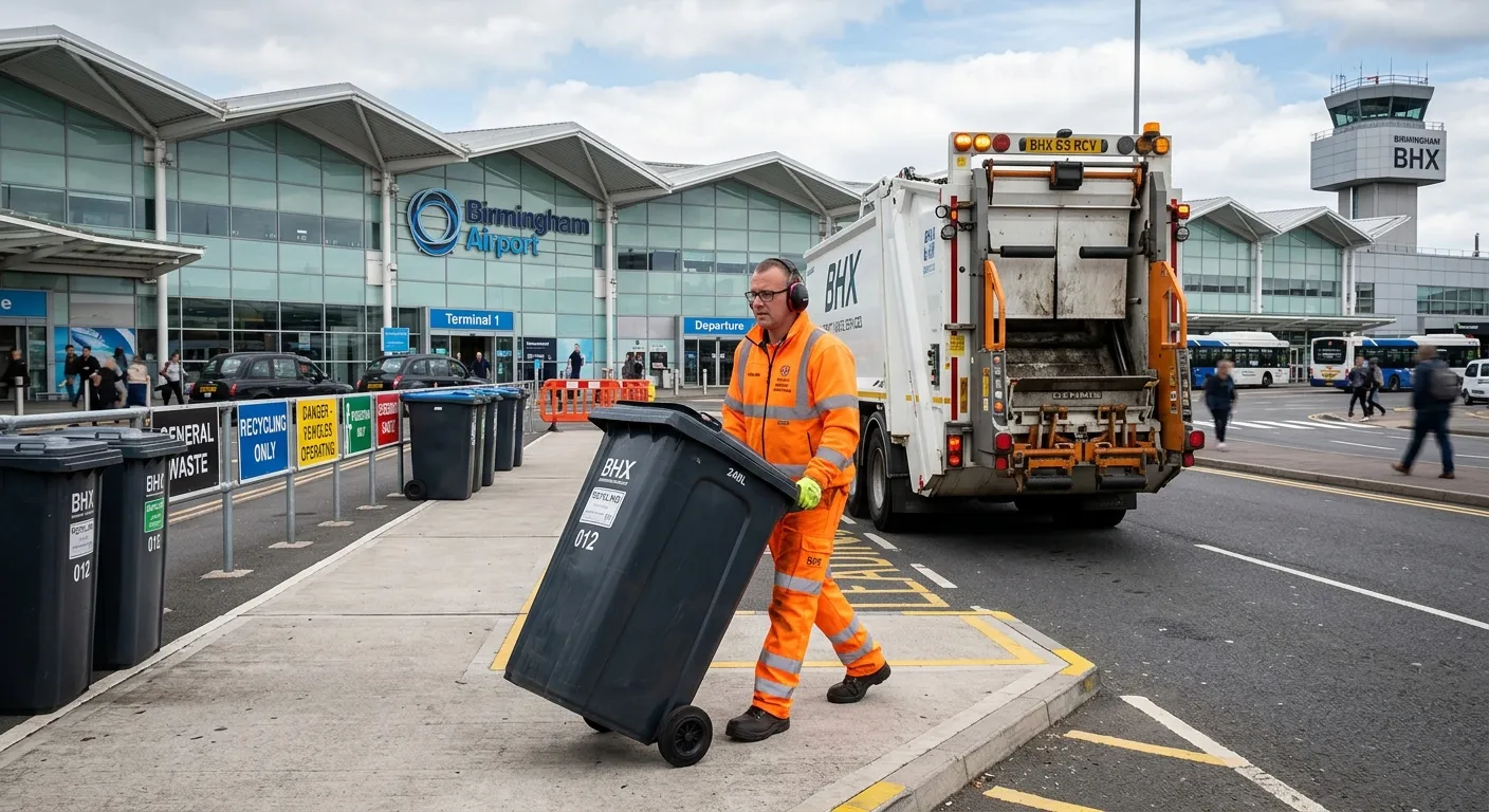 A professional, well-lit photograph of a Refuse Operative in high-visibility clothing, safely and ef... A professional, well-lit photograph of a Refuse Operative in high-visibility clothing, safely and efficiently handling a wheelie bin at a modern airport waste collection point, with Birmingham Airport terminal buildings in the background. The image conveys professionalism, safety, and essential services.
