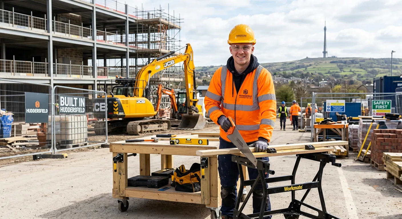 A professional, well-lit photo of a Site Operative in high-visibility clothing, smiling and working on a well-organised commercial site in Huddersfield. The mood is professional, trustworthy, and industrious.