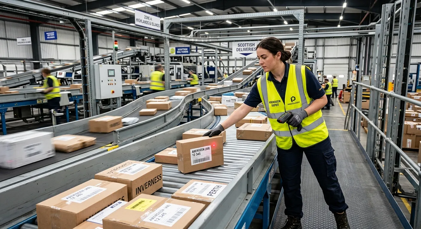 A dynamic, well-lit action shot inside a modern Aberdeen parcel sorting depot. A focused worker in h... A dynamic, well-lit action shot inside a modern Aberdeen parcel sorting depot. A focused worker in high-visibility attire is scanning and placing parcels onto a moving conveyor belt, showcasing the pace and technology of the role. The mood is energetic, professional, and efficient.