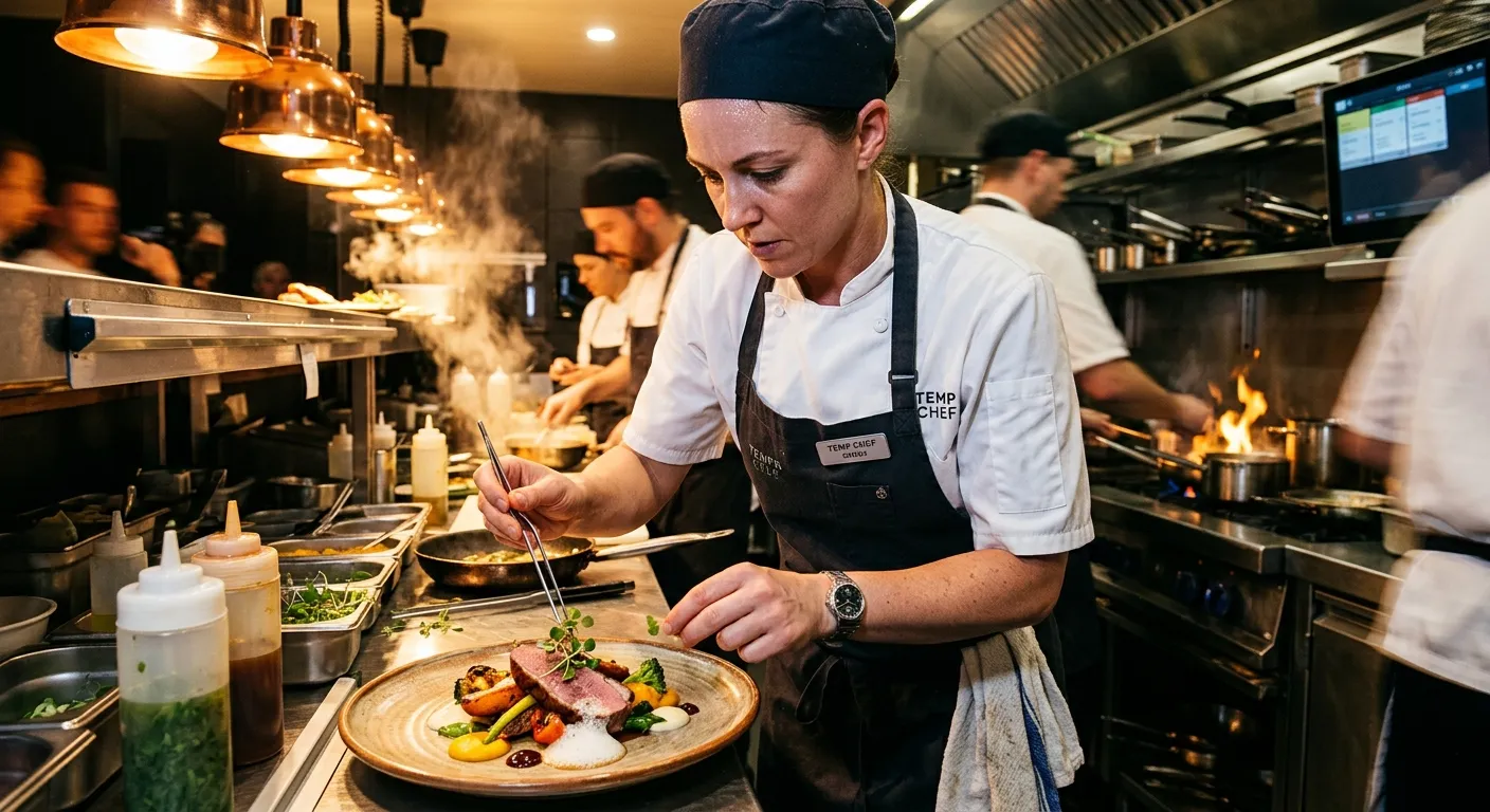 A dynamic, high-energy kitchen scene with a professional temp chef in crisp whites expertly plating a dish, backlit by warm kitchen lights, conveying skill, urgency, and professionalism.