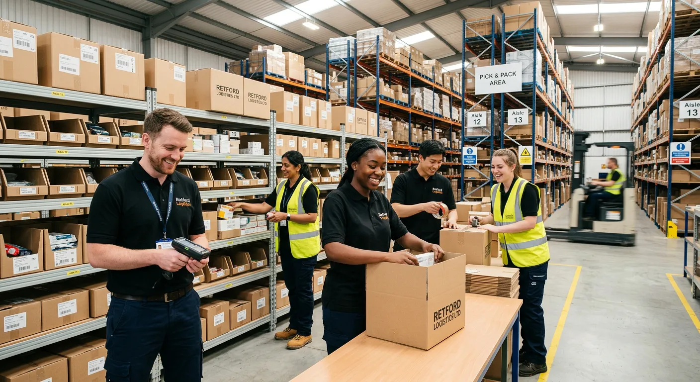 A professional, well-lit photograph of a modern, organised warehouse in Retford. A friendly, diverse team of warehouse operatives are engaged in picking and packing goods, smiling and working efficiently. The style is authentic and aspirational, conveying a positive work environment.