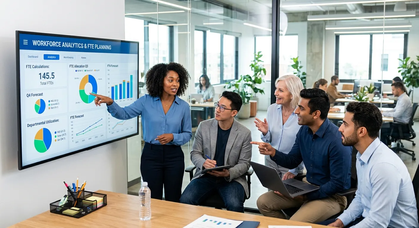 A modern, professional office environment with a diverse team of employees collaborating around a large monitor displaying workforce analytics and FTE calculations. Style: Bright, clean, corporate photography with a focus on data visualization.