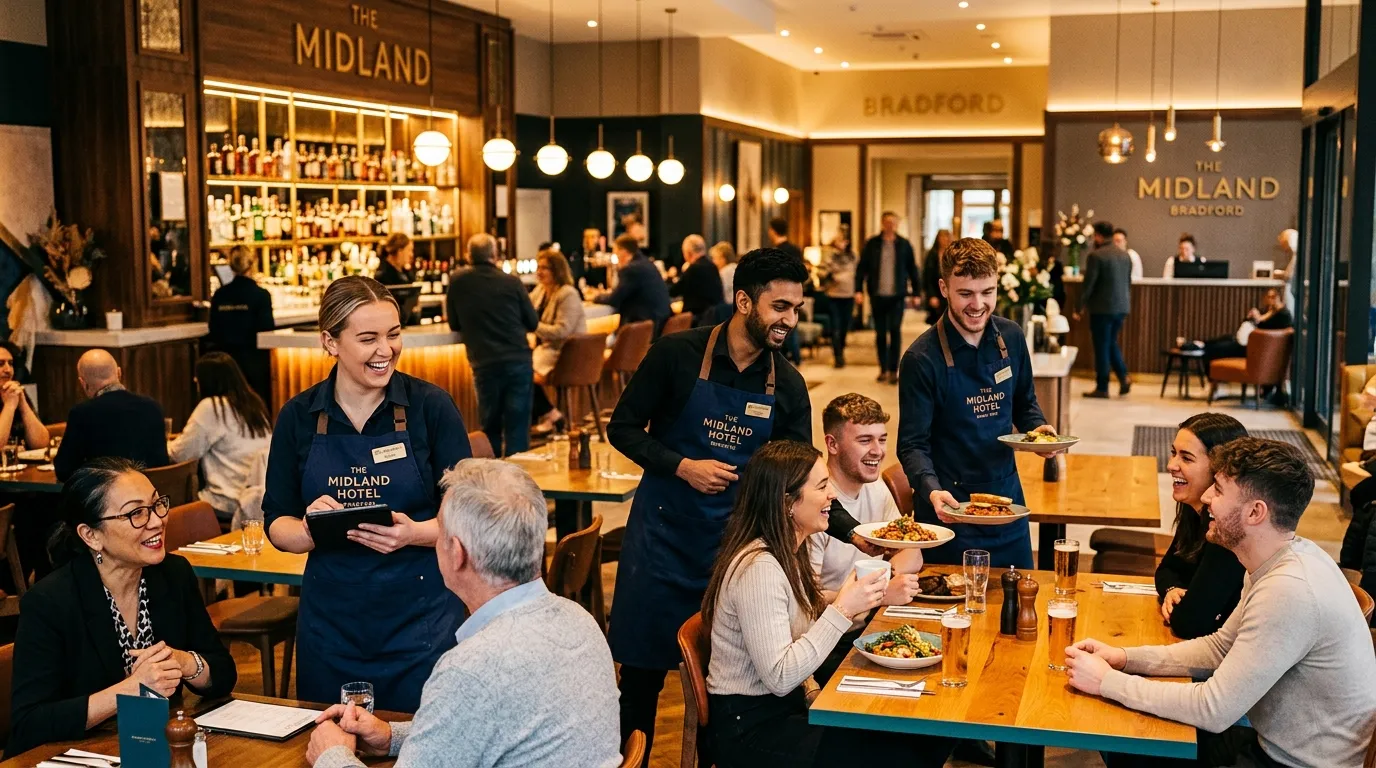 A vibrant, professional hero image of a busy, modern hotel lobby or restaurant in Bradford, showcasing friendly staff interacting with guests. The style should be warm, inviting, and high-contrast, with a focus on the team in action.