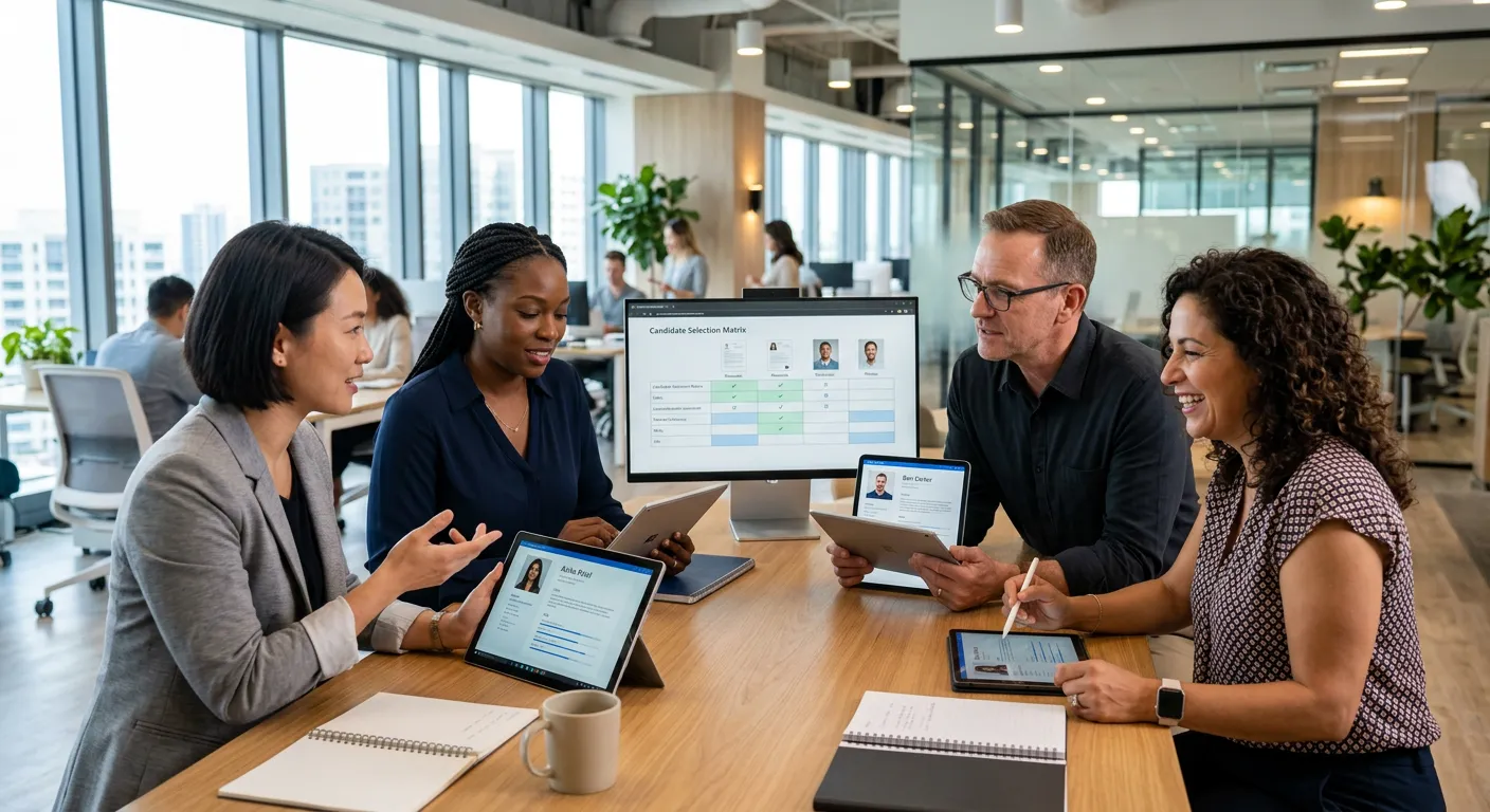 A professional, high-contrast image of a diverse team of HR professionals and hiring managers collaborating in a modern office, reviewing candidate profiles on digital tablets and screens. Focus on sharp, clean lines and a confident, efficient mood.
