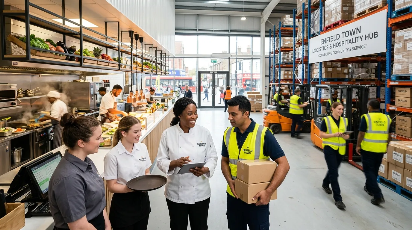 A dynamic, professional hero image showing a diverse team of hospitality and logistics professionals collaborating in a modern Enfield Town setting, with a focus on a bustling restaurant kitchen and a warehouse operation in the background. Style: Bright, optimistic, and energetic. Mood: Professional and welcoming.
