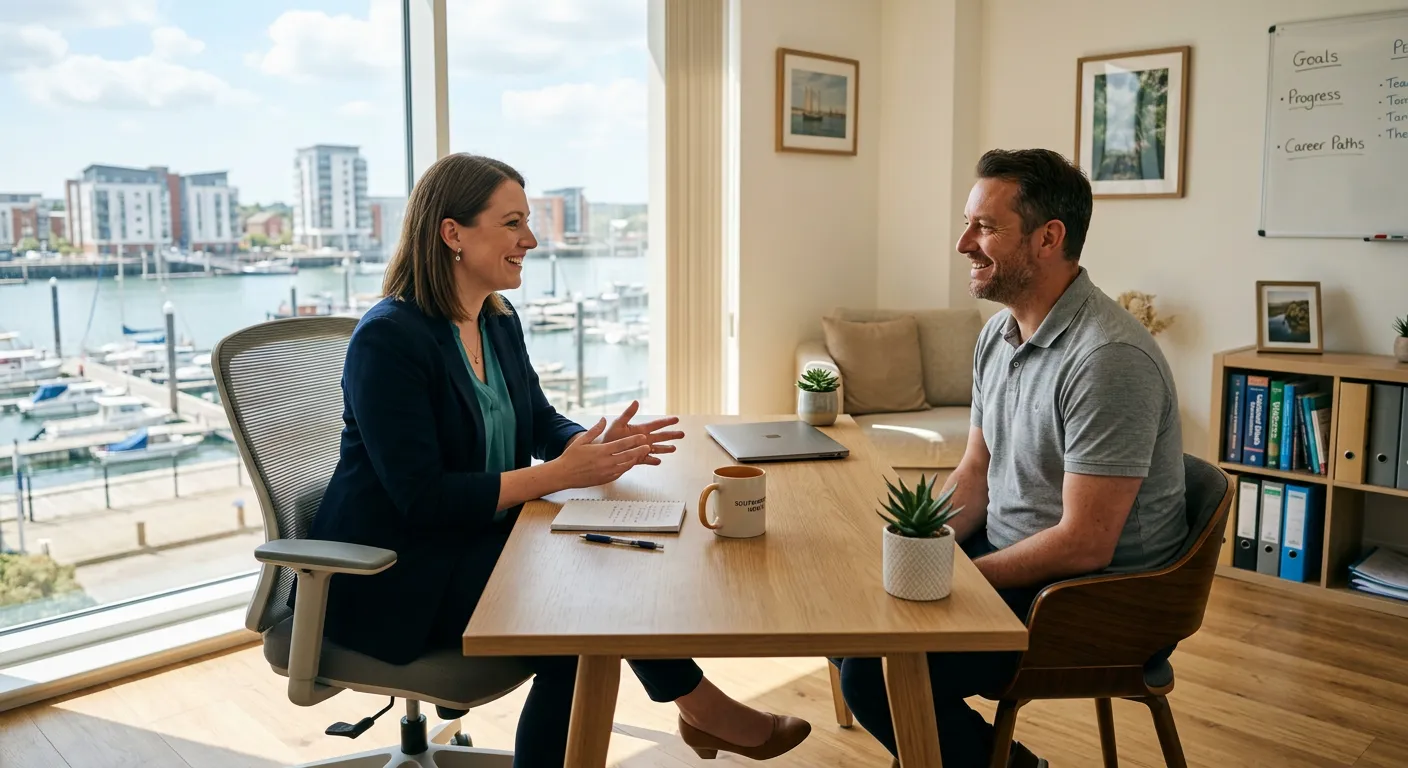 A professional, friendly-looking Rehabilitation Counselor in a bright, modern office setting in Southampton, speaking with a client. The mood is supportive, hopeful, and professional.