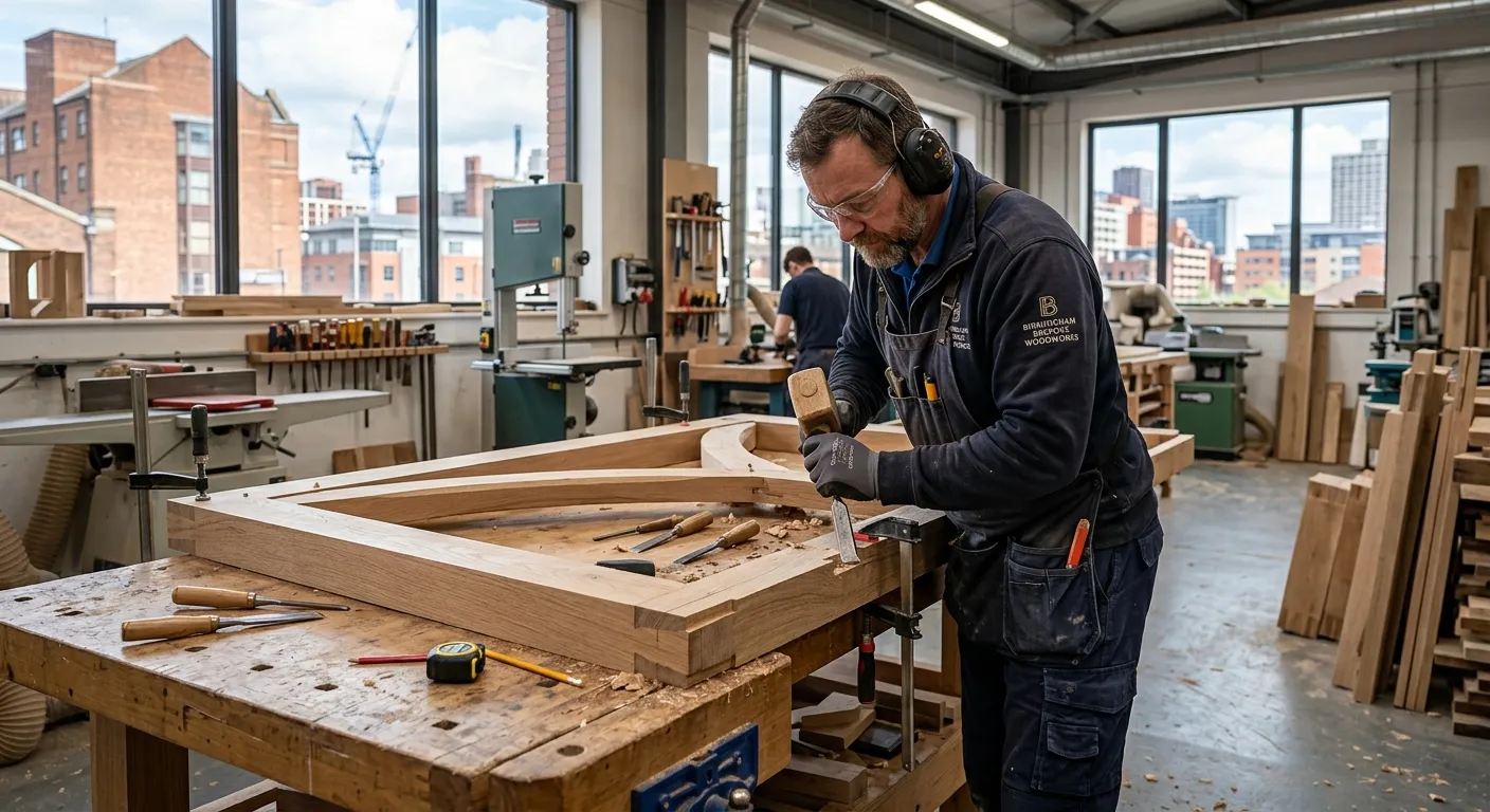 A professional carpenter in Birmingham, wearing safety gear, skillfully working on a bespoke wooden... A professional carpenter in Birmingham, wearing safety gear, skillfully working on a bespoke wooden frame in a modern workshop, showcasing craftsmanship and quality.