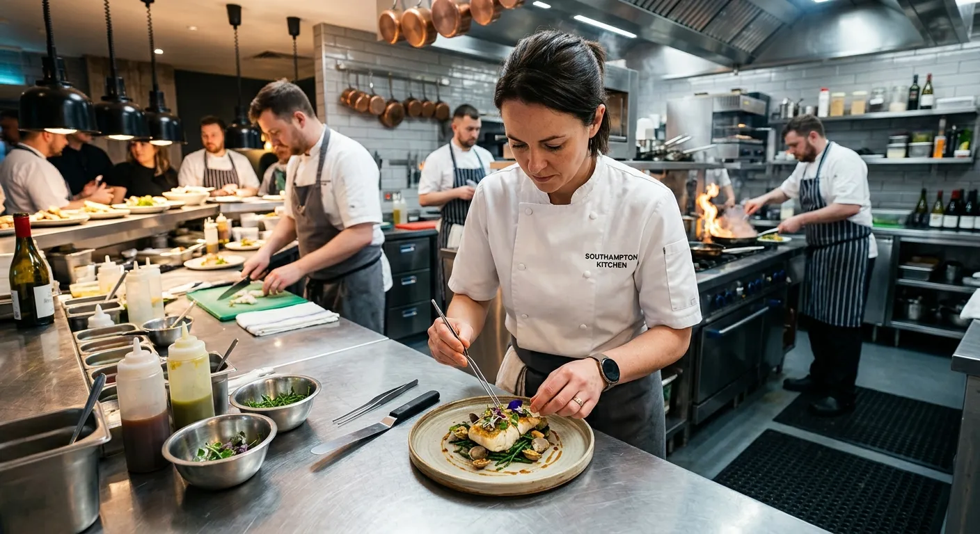 A dynamic, high-energy kitchen scene in a modern Southampton restaurant. A focused Chef de Partie is... A dynamic, high-energy kitchen scene in a modern Southampton restaurant. A focused Chef de Partie is expertly plating a dish, with other kitchen staff visible in the background. The style is professional, crisp, and aspirational, highlighting skill and a premium culinary environment.