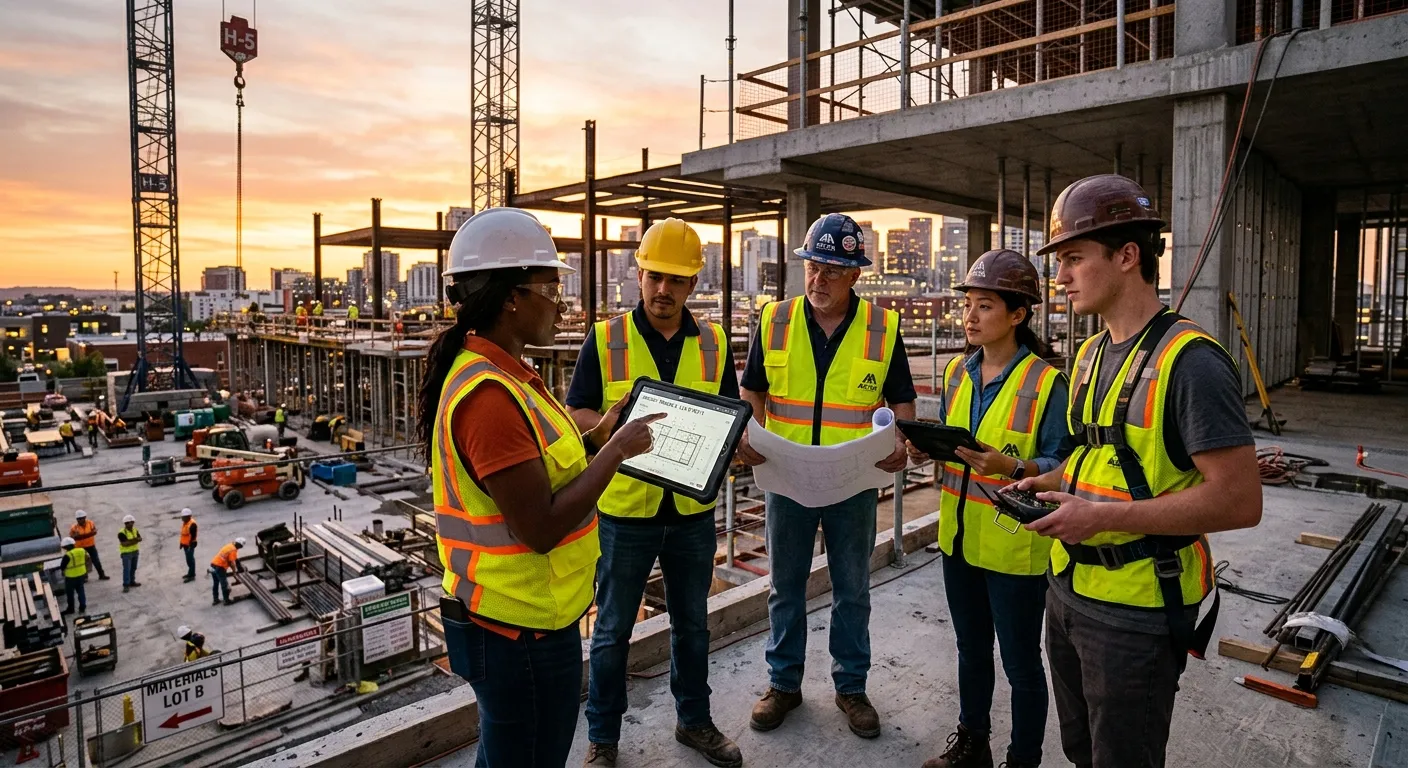 A modern construction site at golden hour, focusing on a diverse, efficient team of workers collaborating with digital tablets and clear plans, symbolizing organized, cost-effective project management.