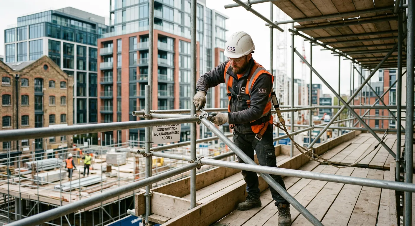 A professional scaffolder in full PPE, safely assembling a tube and fitting scaffold on a constructi... A professional scaffolder in full PPE, safely assembling a tube and fitting scaffold on a construction site in Camden, with modern urban architecture in the background. The image should convey competence, safety, and an immediate start.